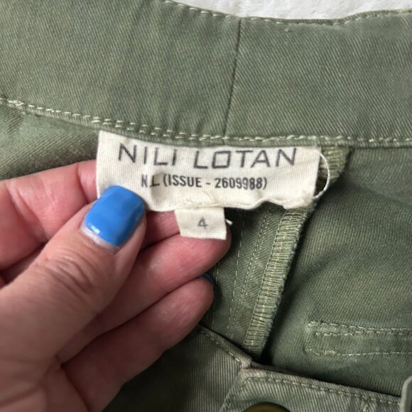 Nili Lotan Jenna Mid-Rise Straight Leg Pant Green Side Stripe Raw Hem Size 4 - Picture 4 of 5